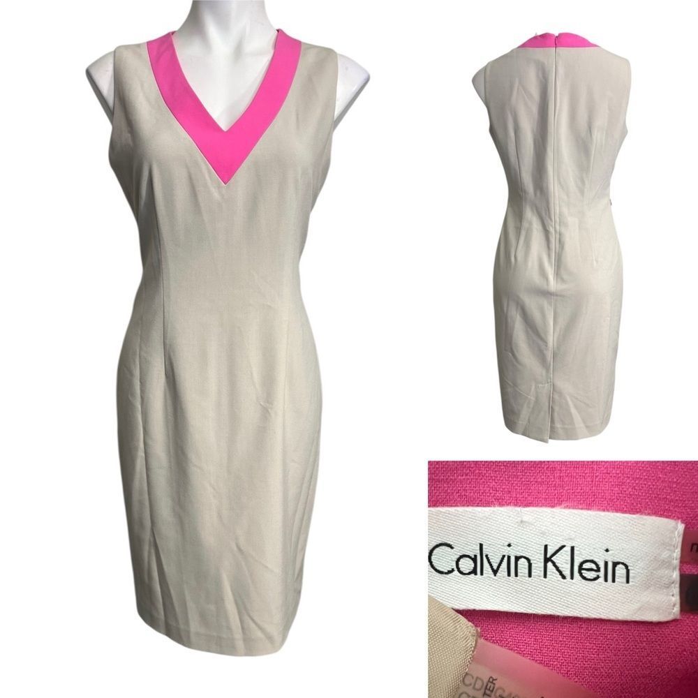 Calvin Klein‎ dress 6 tan/pink colorblock sleeveless knee length office church